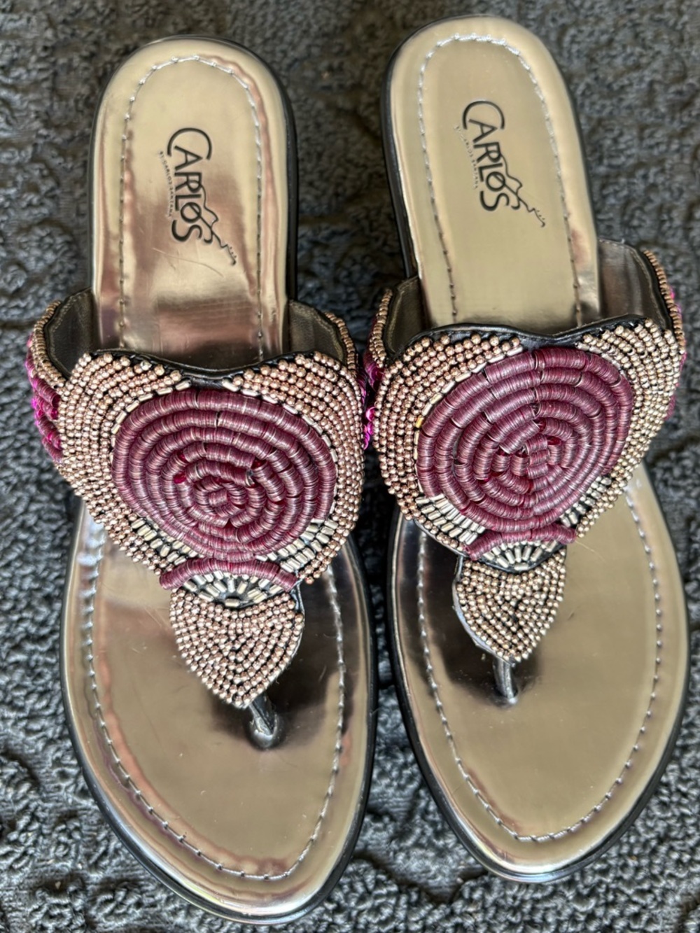 CARLOS by Carlos Santana "Apaché" Maroon and Pewter Beaded Thong Wedge Sandal